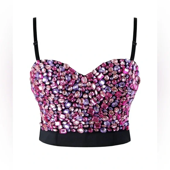 NWOT Charmian Women's Colorful Rhinestone Push Up Bra Party Bustier Crop Top - Picture 1 of 9